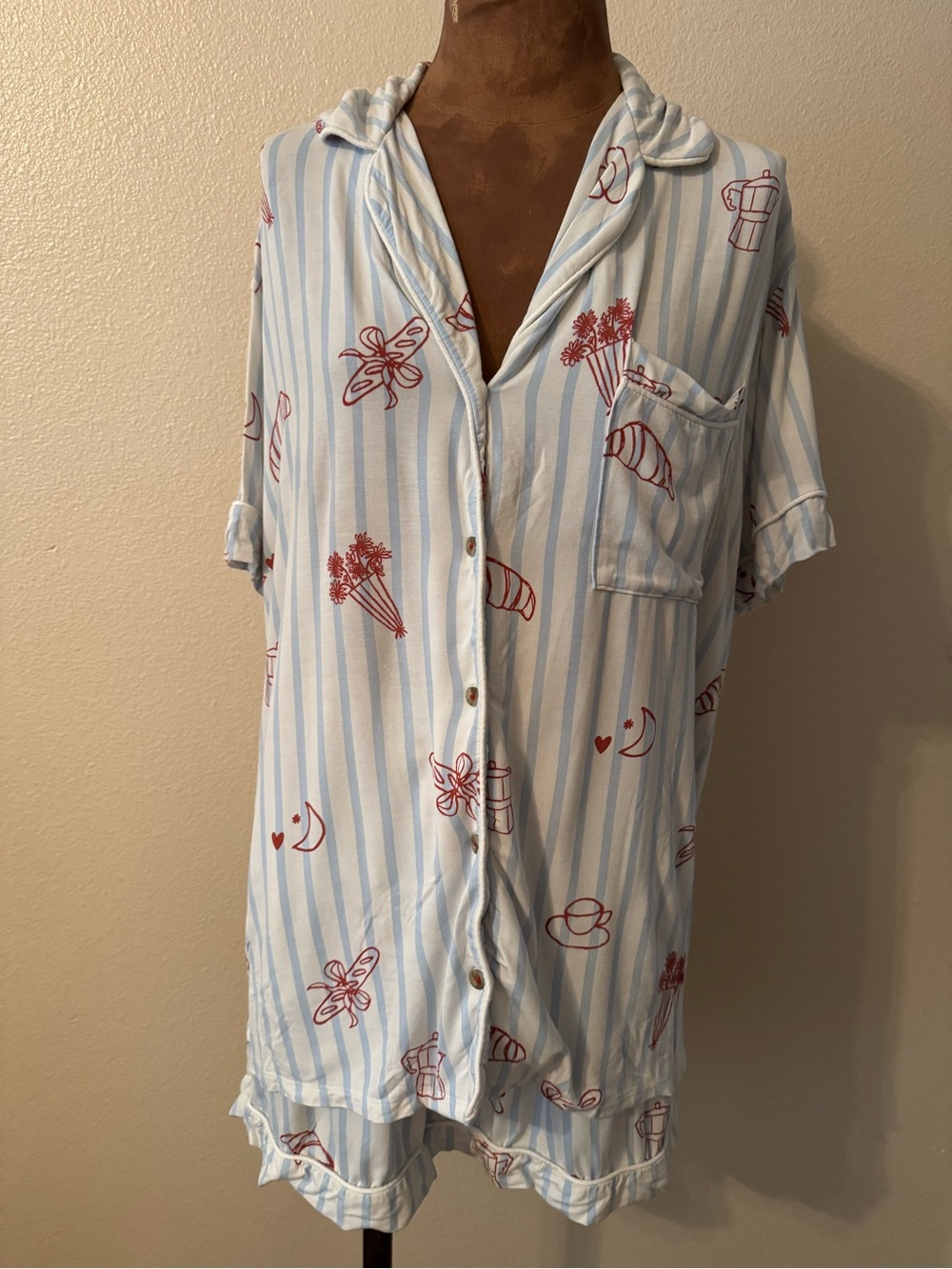 Anthropologie Light Blue & White Striped Short-Sleeve Button-Up and Shoets